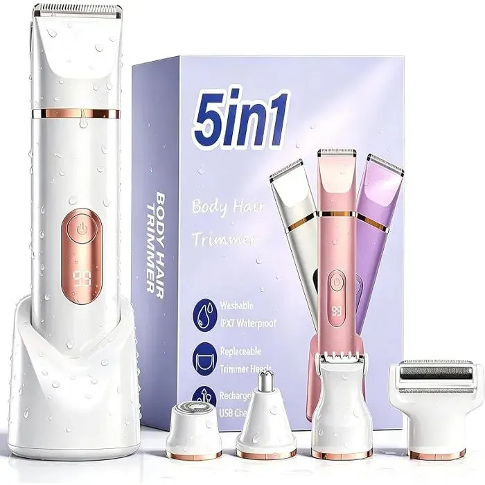 5 en 1 Rasoir Electrique Femme Tondeuse Maillot humide/sèche étanche IPX7 les jambes les bras et le maillot (Blanc)