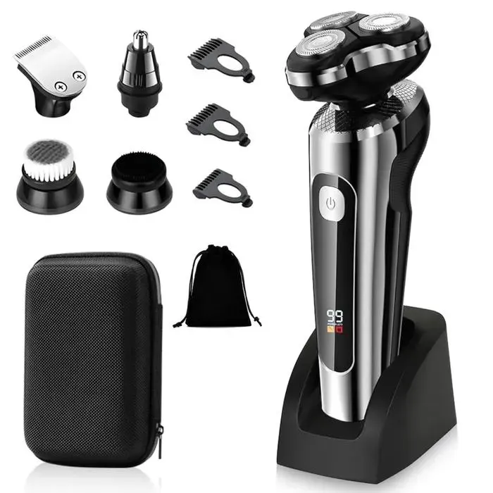 5 en 1 Rasoir Électrique Hommes Tondeuse à Barbe Sans Fil Tondeuse Cheveux avec Base Electric Shaver avec Écran LED