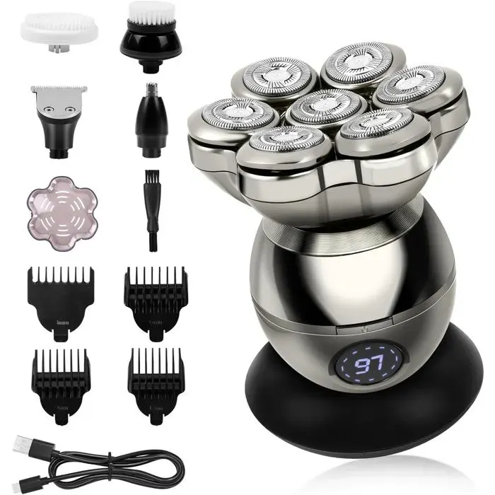5 En 1 Rasoir Tete Chauve Homme 7D Rasoir Électrique Équipé De 7 Têtes De Coupe Flottantes Type-C Tondeuse Crane Chauve Sans Fi