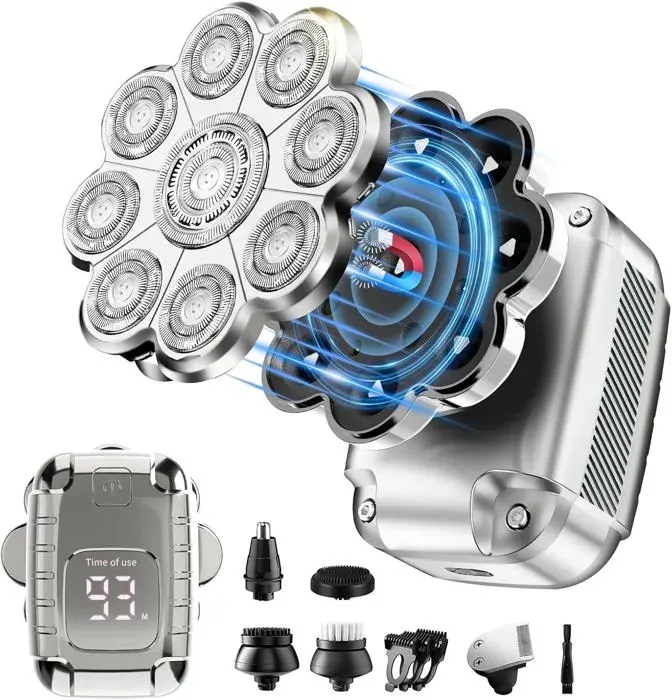 5 en 1 Rasoirs à Tête 9D pour Hommes Chauves Rasoir Rotatif Etanche IPX7 Rechargeable Ecran LED Argent