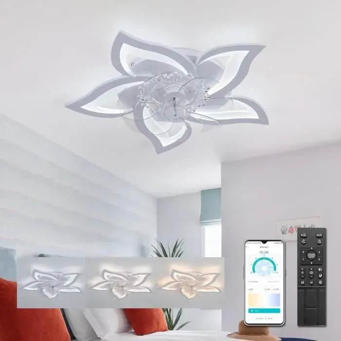 50W Ventilateur Lampe Plafonnier de Luxe en Forme de Fleur Dimmable en Continu Télécommande APP Double Contrôle