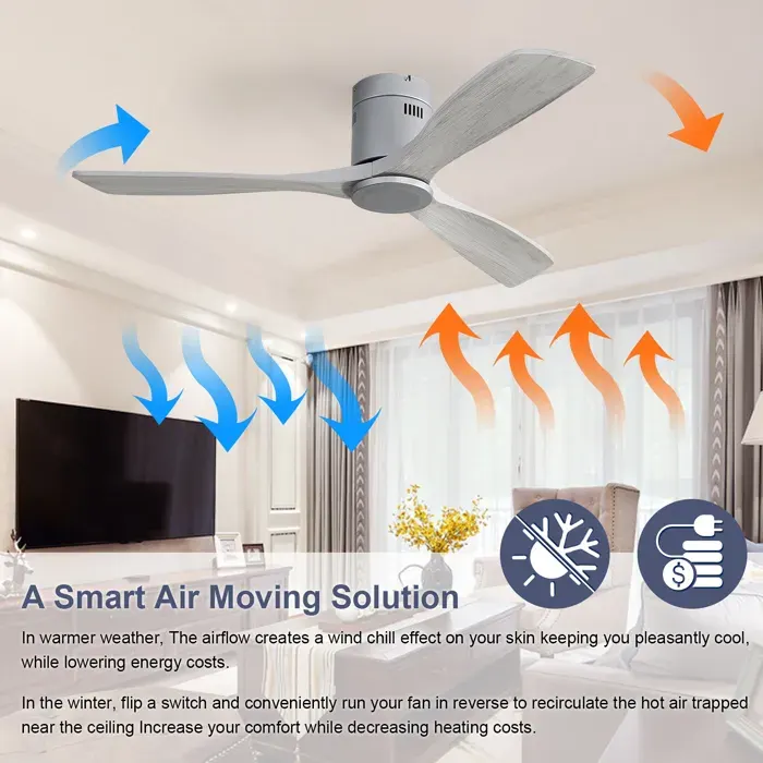 52 Inch Flush Mount Ceiling Fan DC 3 Carved Wood Fan Blade Noiseless Reversible Motor Remote Control without Light