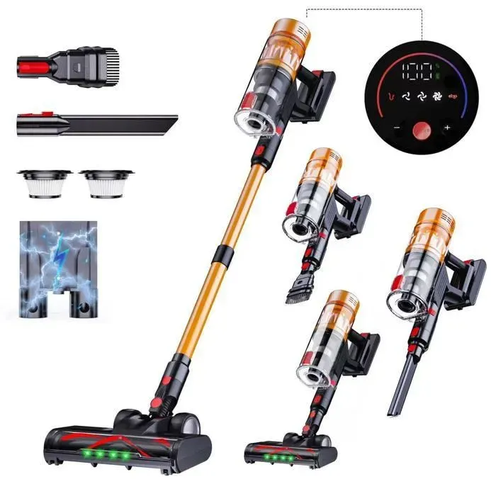 550W/45000Pa Aspirateur Balai sans Fil 8x2200MAH/50min Filtration en 5 Etapes 3Kg Poids Léger Brosse à Plancher LED Verte
