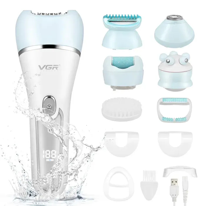 6 en 1 Épilateur électrique pour femme sans fil écran LED rechargeable Wet and Dry avec brosse exfoliante brosse de nettoyage