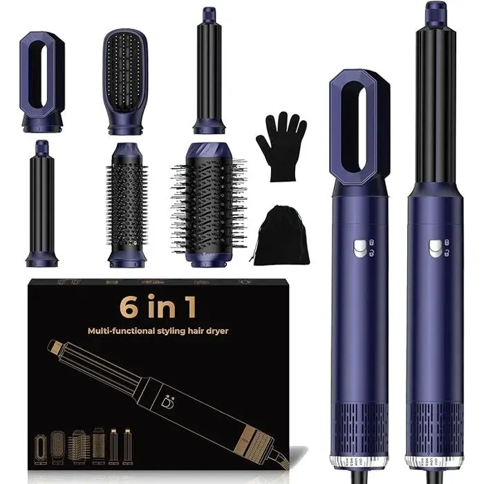 6 in 1 Hair DryerBlow Brush with Hair DryerAutomatic Hair CurlerHair StraightenerAirbrush Hair StylerDark Blue FER A FRISER