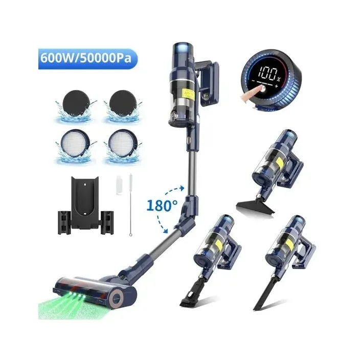600W/50000Pa Aspirateur Balai sans Fil 7*3300mAh/65min Filtration en 6 Etapes Ecran OLED 8 en 1 Brosse Motorisée Lumière Led Verte