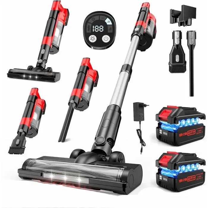60Kpa Aspirateur Balai Sans Fil700W/70 Mins Aspirateur Sans Fil Puissant Avec 2*40Ah Batteries AmovibleBrosse Anti-Enchevêtreme