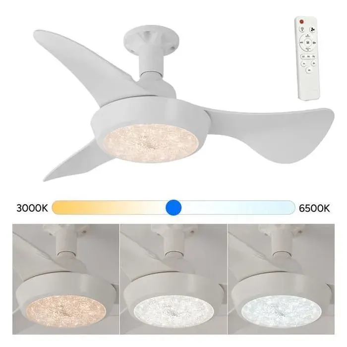 63 cm Ventilateur de plafond LED 30 W avec télécommande – 3 vitesses 3 couleurs d’éclairage réglables base incluse