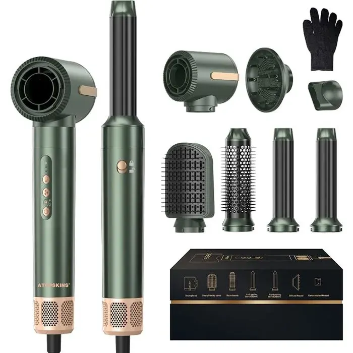 7 in 1 Air StylerHair DryerBlowing Brush110000 U/Min Hair Dryer With DiffuserAirflow Air Curling Iron Golden green FER A FRISER