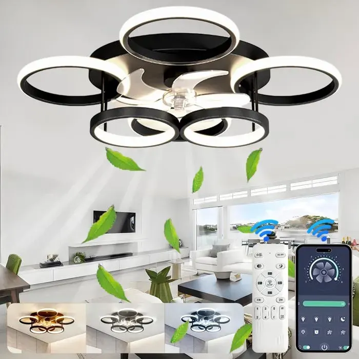 72W Dimmable Plafonnier Ventilateur Plafond Silencieux Lustre LED Design à 6 Anneaux Avec Télécmande et APP VENTILATEUR DE PLAFOND