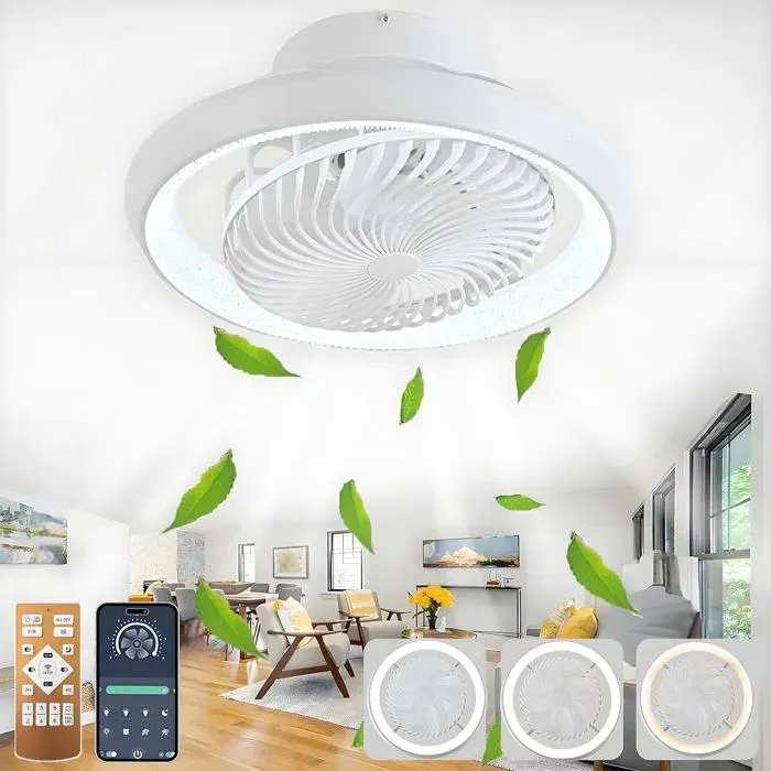 75W Ventilateur Plafond Silencieux avec Lumiere et TelecommandePlafonnier LED Rotation à 360°Lustre Reversibl6 VitessesBlanc