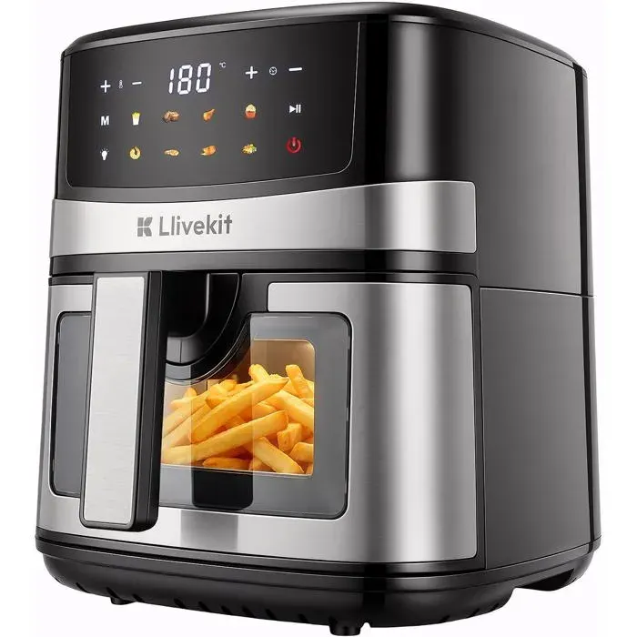 7L Air Fryer XXL avec Écran Tactile Couleur Multifonction 95% Moins dHuile 8 Programmes Fenêtre & Éclairage Intérieur Noir