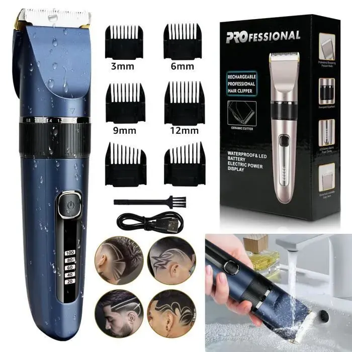 7MAGIC - Tondeuse cheveux professionnelle à LED - Rechargeable USB - Lavable - 6 peignes