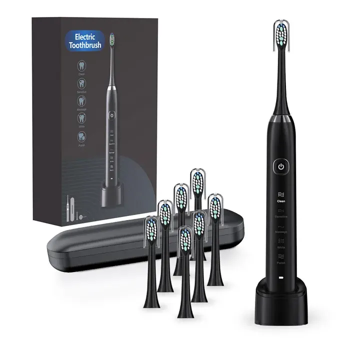 8pcs Brosse à dents électrique - 5 modes réglables Charge unique durée 60 jours - Noir