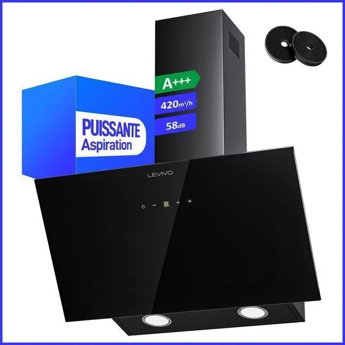 A+++ Hotte Aspirante 60cm avec 420 m³/h 2 Filtres à Charbon 1 Filtre Anti-graisse 3 Vitesses & Booster 2 LED Noir