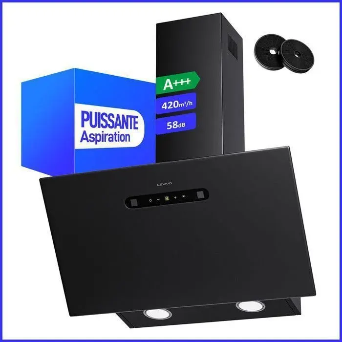A+++ Hotte Aspirante 60cm avec 420 m³/h 2 Filtres à Charbon 1 Filtre Anti-graisse 3 Vitesses & Booster 2 LED Noir