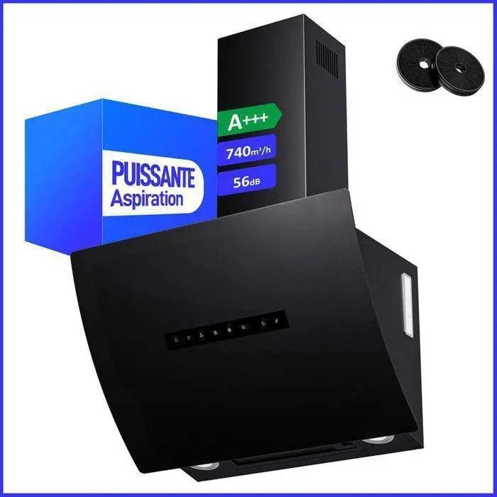 A+++ Hotte Aspirante 60cm avec 750 m³/h 2 Filtres à Charbon 1 Filtre Anti-graisse 3 Vitesses & Booster 2 LED et RGB Noir