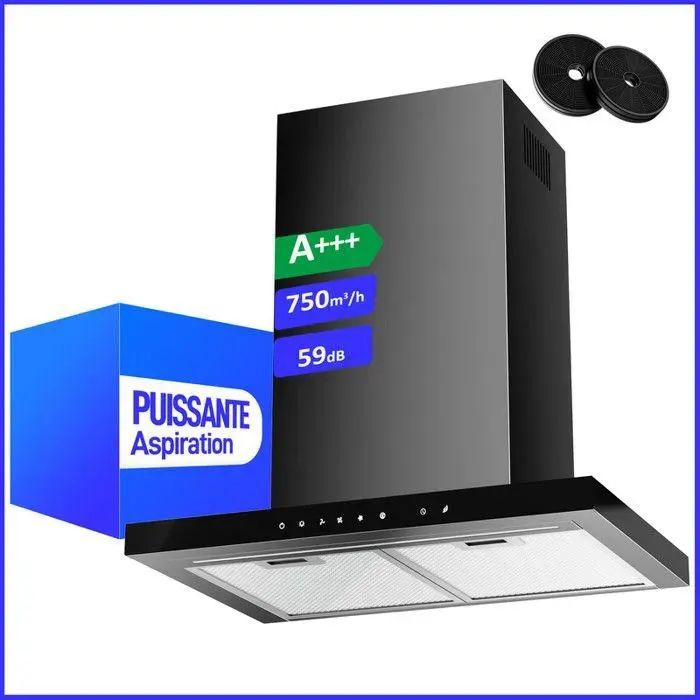 A+++ Hotte Aspirante 60cm avec 750 m³/h 2 Filtres à Charbon 2 Filtres Anti-graisse 3 Vitesses & Booster Bande LED Noir