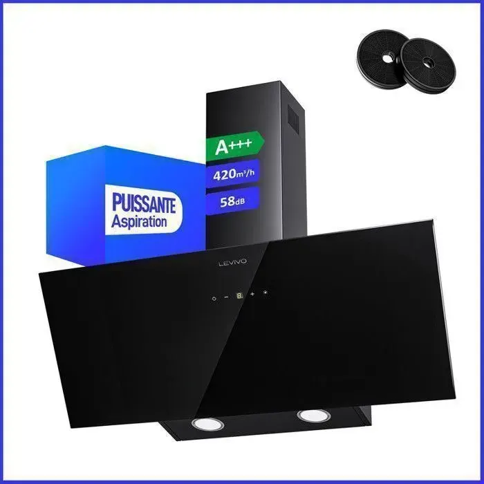A+++ Hotte Aspirante 80cm avec 420 m³/h 2 Filtres à Charbon 1 Filtre Anti-graisse 3 Vitesses & Booster 2 LED