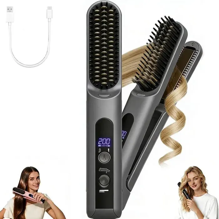 À Lisser Sans Fil – Bigoudi 2 En 1 Outils De Coiffure Portable Rechargeable Alimenté Par Batterie Pour Voyage Avec 4 Réglages