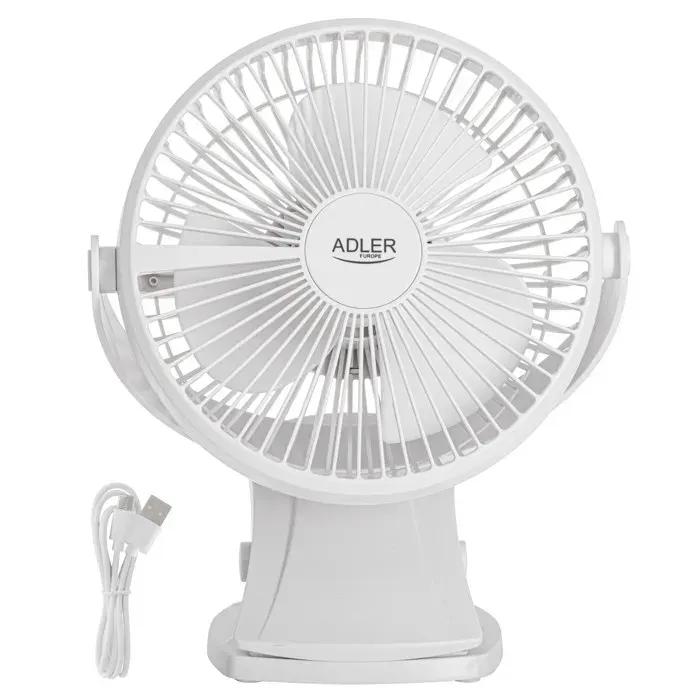 Adler - Ventilateur de bureau à pince - Rechargeable via USB-C - 155 cm - Orientable à 360° - Blanc