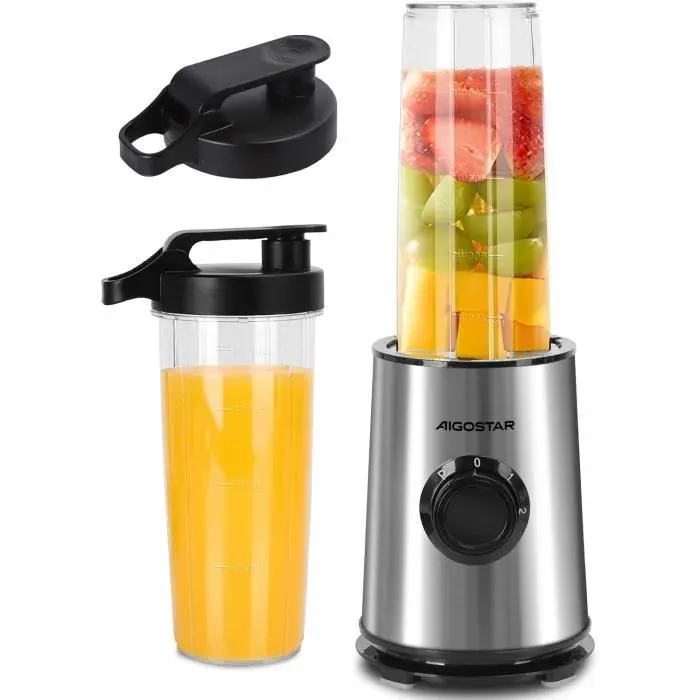 Aigostar Baron - Blender et mini-blender 2 en 1. 350W en acier inoxydable 0% BPA. Jarre 1L gourde 600ml. 2 vitesses + turbo.