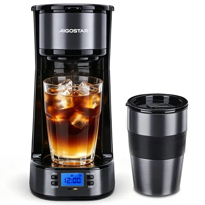 Aigostar Cafetière Filtre 700WProgrammable 24 h avec Mug Isotherme 420 ml Filtre Réutilisable Autonettoyage café à emporter