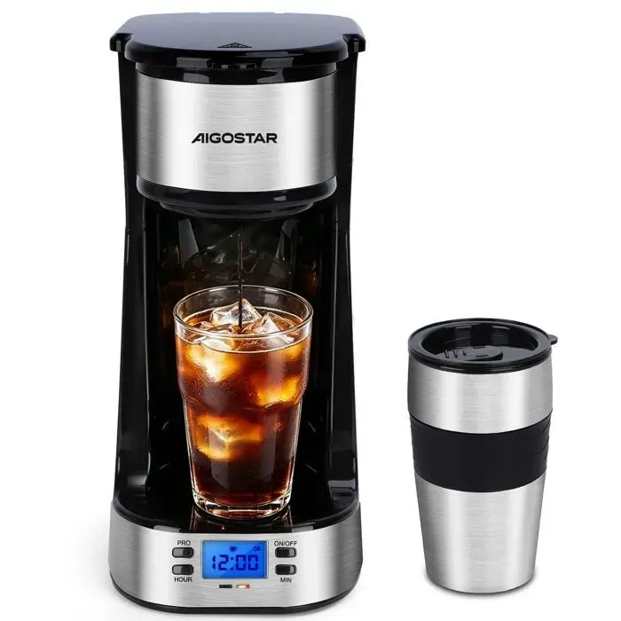 Aigostar Cafetière Filtre avec 1 Tasse IsothermeProgrammable 24h750WMachine à café avec Gobelet de voyage de 420 mlAffichage LCD