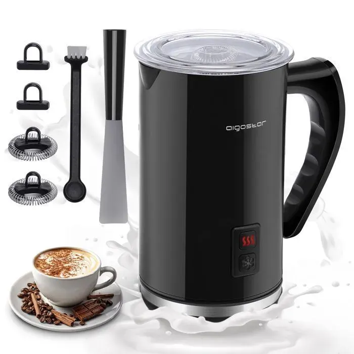Aigostar Capu - Mousseur à lait 3 en 1: mousse de lait froide ou chaude et chauffe-lait. 500 W 240 ml. Thermostat Strix. 0% BPA.