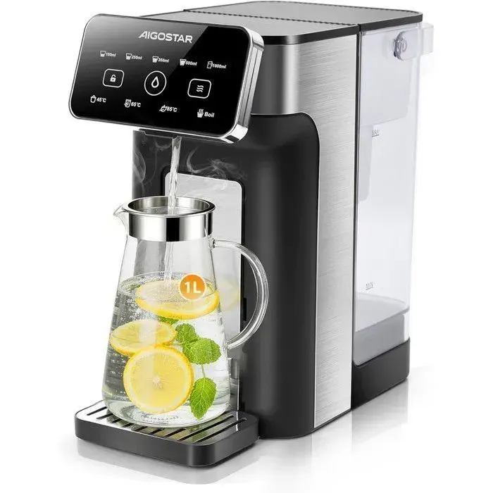 Aigostar Distributeur d’Eau Chaude 3L Inox Chauffage Instantané 4 Temp. 5 Volumes 100-1000ml Écran Tactile
