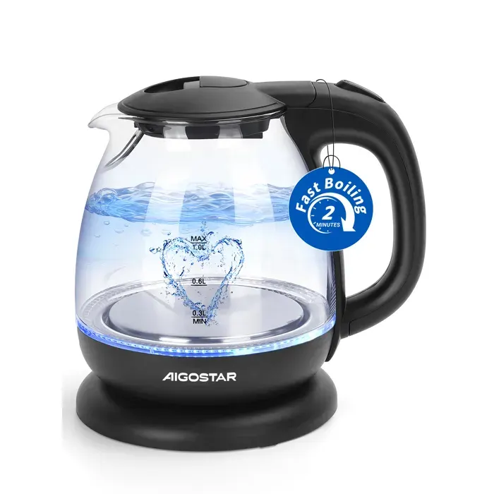 Aigostar Elfin - Bouilloire compacte de 1 litre 0% BPA en verre borosilicate et avec illumination LED 2200 W. Ébullition rapide.