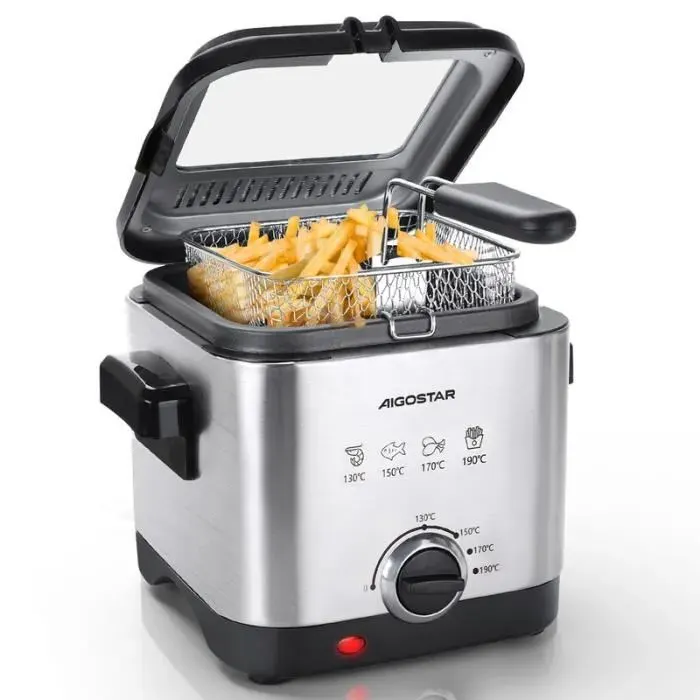 Aigostar Fries 30IZD - Friteuse compacte 100% sans BPA grande fenêtre de vue. Acier inoxydable. 900W 1.5 L Design exclusif.