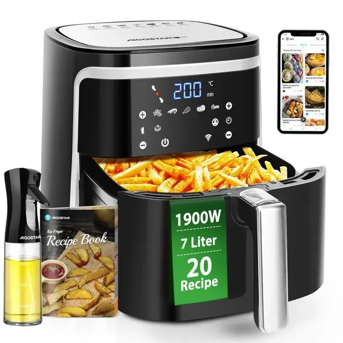 Aigostar Friteuse à air sans huile 1900W7L Grande Capacité Connexion WiFi Écran Tactile LED 7 Programmes Cuisson Saine Sans BPA