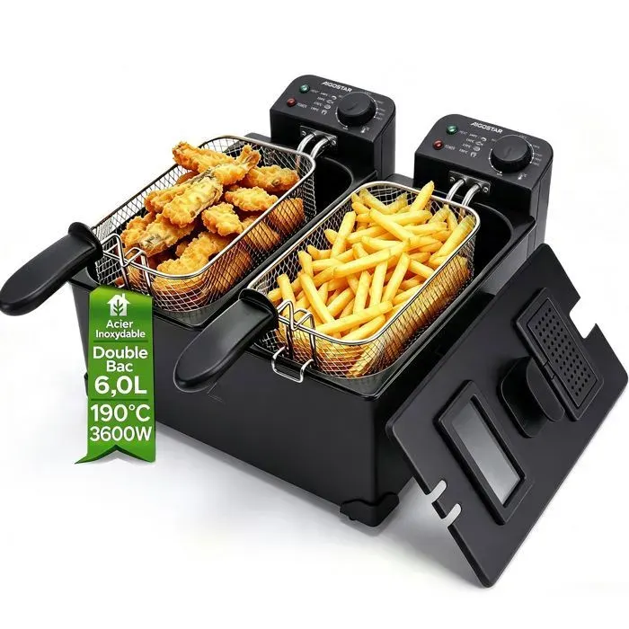 Aigostar Friteuse Électrique Double Bac 6L(2x3L)Température Réglable 3600W.Friteuse en Acier 2 Couvercles et Fenêtres et 2 Paniers
