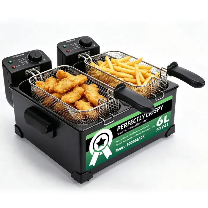 Aigostar Friteuse Électrique Double Bac 6LCuve à Huile 3600W avec Thermostat Réglable et 2 Paniers AmoviblesGrande Capacité