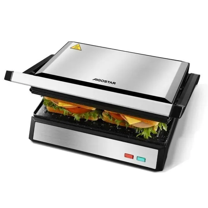 Aigostar Grill Panini Grills électriques Avec Plaques Antiadhésives. Deux Surfaces de Cuisson de 27 x 17cm 1500W -Hett Pro