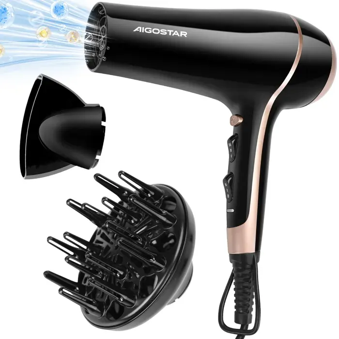 Aigostar Lora - Sèche-cheveux ionique professionnel avec diffuseur et concentrateur. 2400 W. Option air froid. Design exclusif.