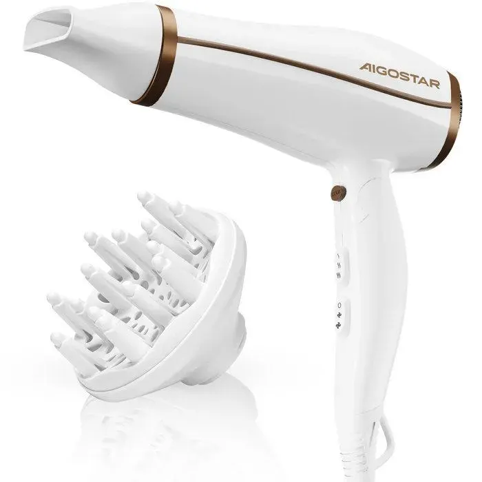 Aigostar Luna – Sèche-cheveux ionique 2200W à ions négatifs pliable et léger 3 températures + option air froid. Manche pliable