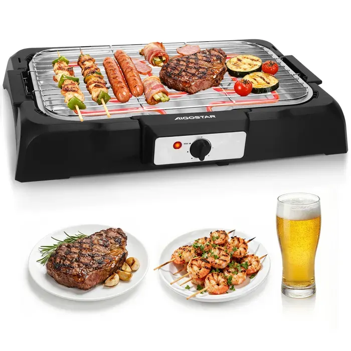 Aigostar Tasty - Gril barbecue 0% BPA électrique d’intérieur sans fumée. 2000W thermostat grande surface de cuisson.