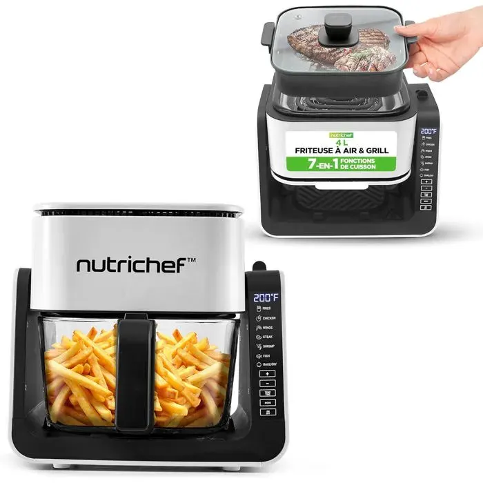 Air Fryer Avec Gril 4 L + 12 L 1500 W Bol En Verre Double Niveau 8 Programmes Friteuse Sans Huile Multifonction