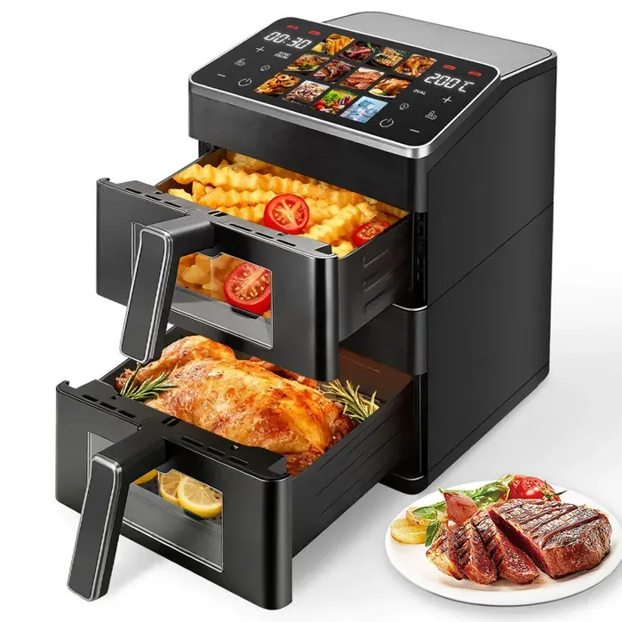 Air Fryer Double Stack - Friteuse Sans Huile 2 Compartiments Verticale - Capacité 57+57L 12 Programmes de Cuisson - Noir