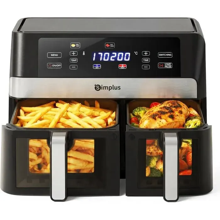 Air Fryer Double Zone 10 L 1800 W Double Panier Écran Tactile LCD 11 Programmes Fenêtre Fonction Micro-Vapeur Noir