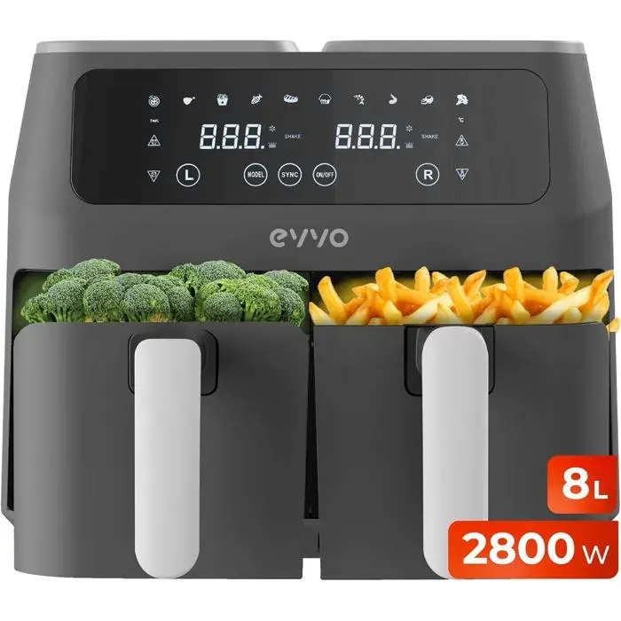 Air Fryer Double Zone 8 L 2800 W Double Panier Technologie Dual Cyclone 10 Programmes Déshydratation Jusquà 200 °C