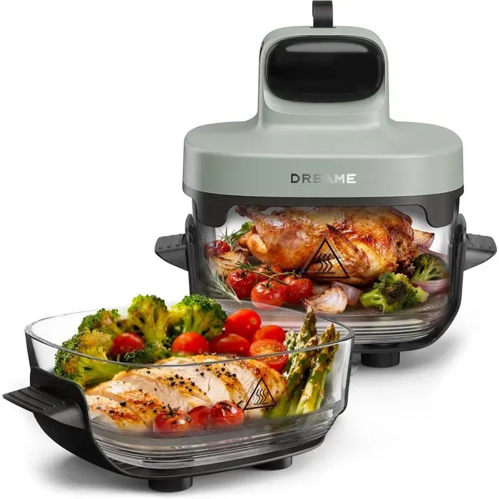 Air Fryer En Verre 5 En 1 2 Cuves 25 L + 45 L Verre Borosilicate Cuisson À Air Chaud 3D Compatible Lave-Vaisselle