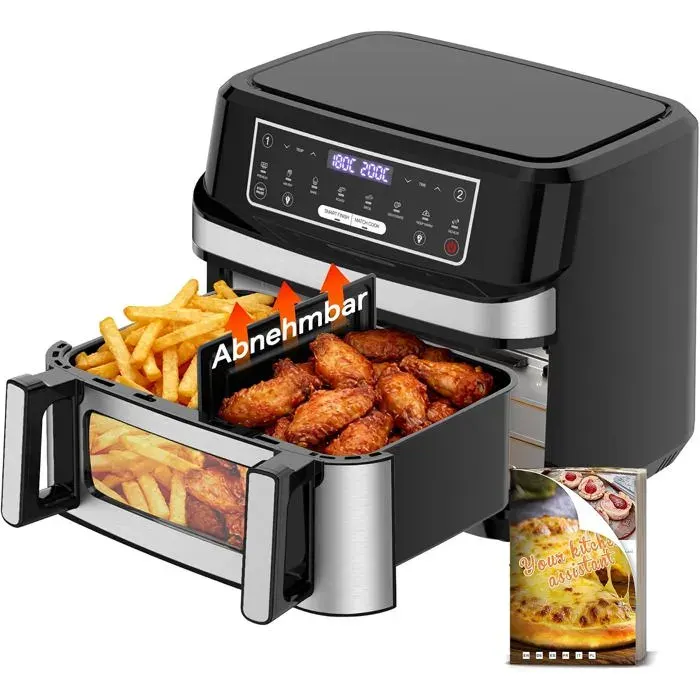Air Fryer XXL 12 L Double Zone Flexible 2600 W 8 Programmes Fenêtre Éclairage Écran Tactile Friteuse Sans Huile
