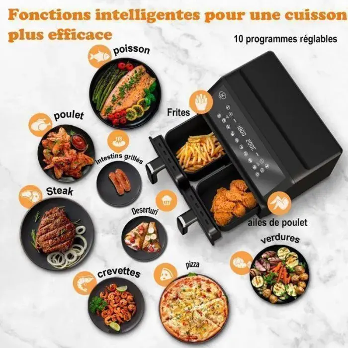 Airfryer 2 tiroir 8L 2200W 2 compartiments Friteuse air chaud Fenêtre visualisation 10 programmes automatiques