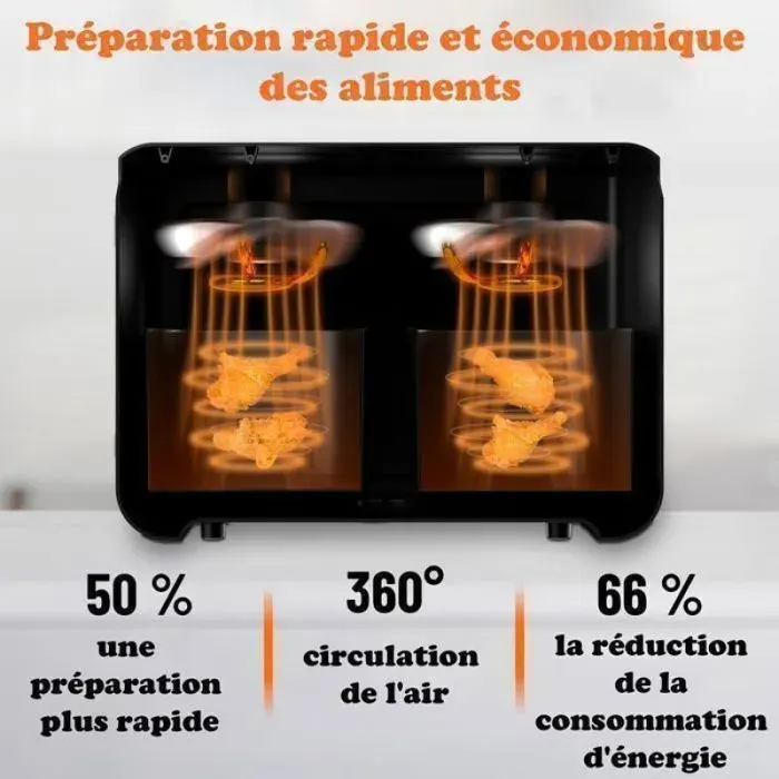 Airfryer 8L 2200W Double compartiment avec Fenêtre de visualisation Friteuse à air chaud sans huile 10 programmes automatiques