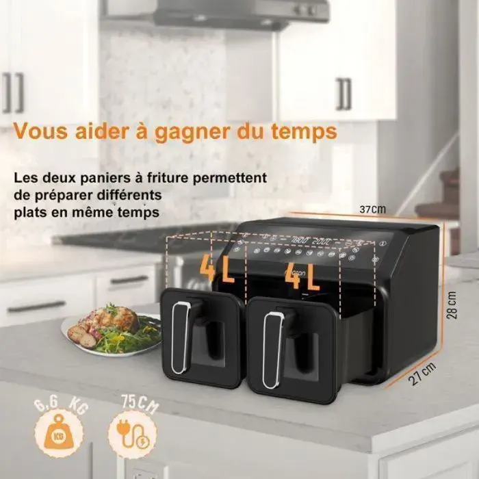 Airfryer multi compartiments 2200W Double compartiment Fenêtre observation 10 programmes automatiques