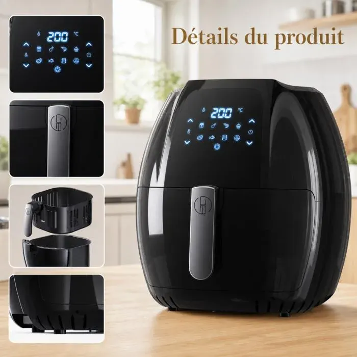 Airfryer noir 2000w 95L multifonction température 80-200°C 8 programmes cuisson sécurisé Air Fryer