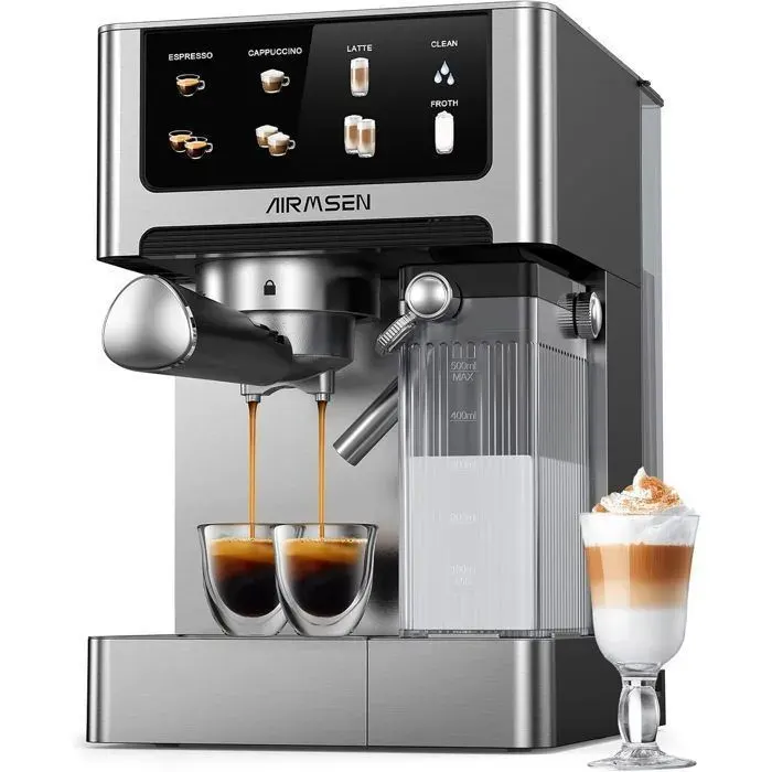 AIRMSEN Cafetière Expresso 3-en-1 à Café Moulu Machine à Café 20 Bar Double Chaudière Mousseur à Lait Réservoir 18L Cappuccino